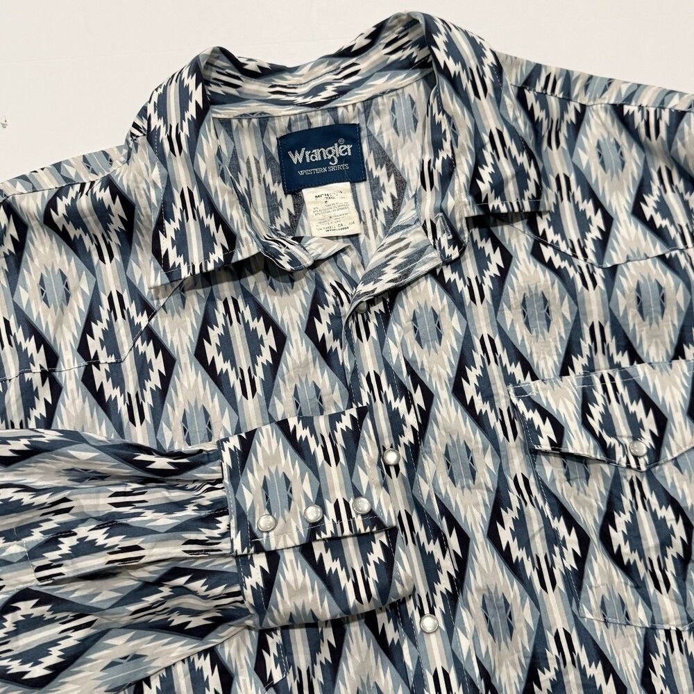 Wrangler Aztec Pearl Snap Long Sleeve Shirt Mens 2XL [XXL] Blue Southwest Cowboy